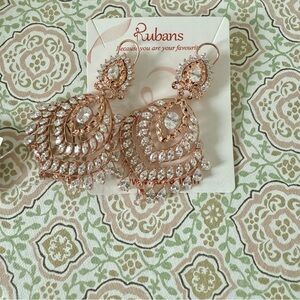 Indian Pakistani Rose Gold and Silver Statement Earrings with Cubic Zirconia NWT